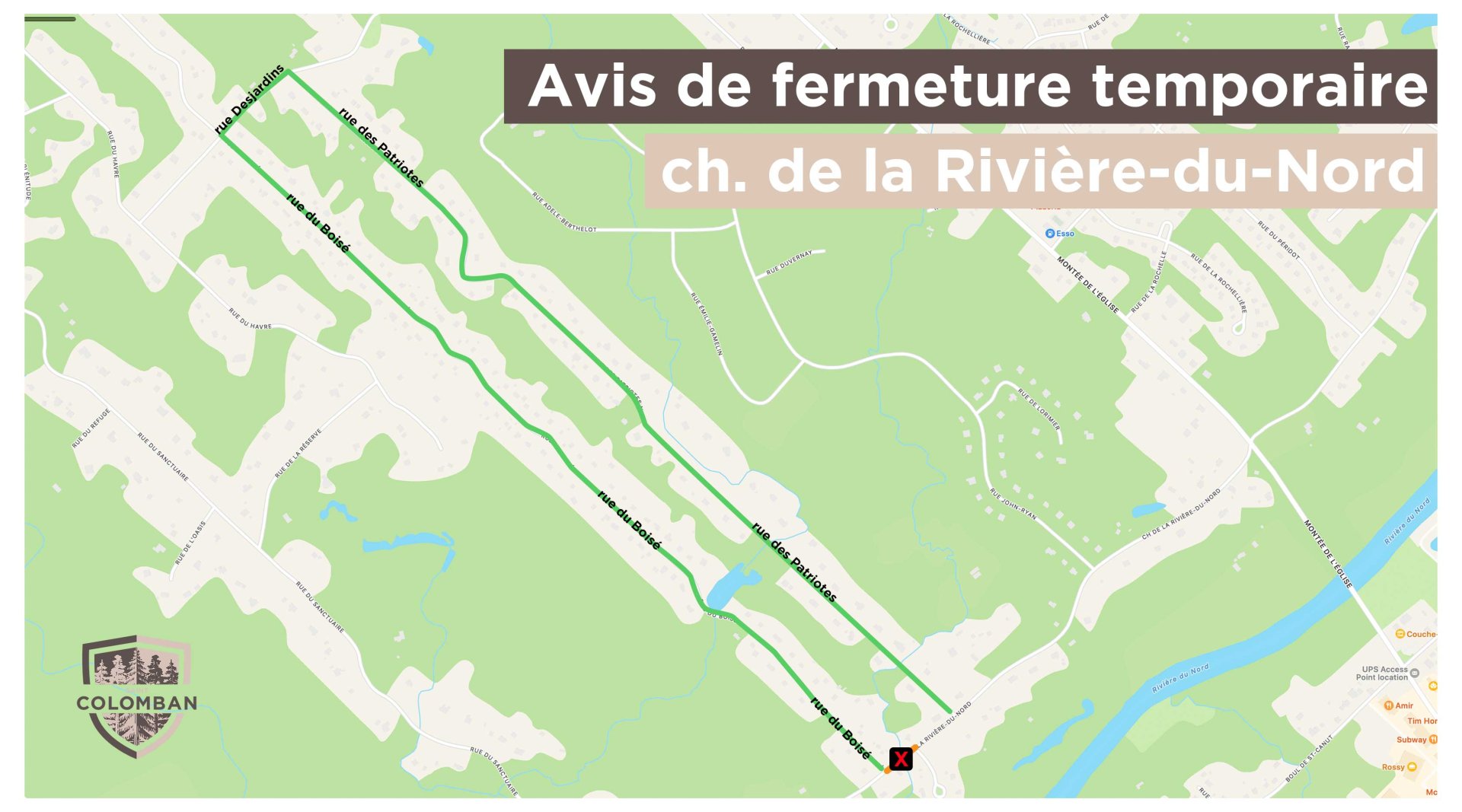 Travaux – Pont sur le chemin de la Rivière-du-Nord – Fermeture temporaire entre les rues du Boisé et des Patriotes – 29 et 30 novembre 2023